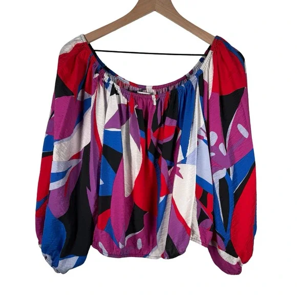 Nine West Womens XXL Abstract Print Off The Shoulder Balloon Sleeve Blouse Pink - Picture 2 of 5